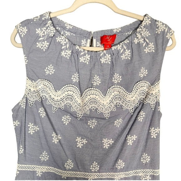 Monique Lhuillier Blue Sleeveless Embroidered Lace Poplin Midi Dress Size 14 - Picture 7 of 16